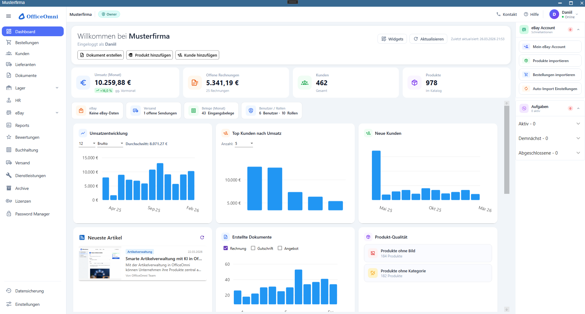 OfficeOmni Dashboard mit Kunden-, Produkt- und Rechnungsübersicht
